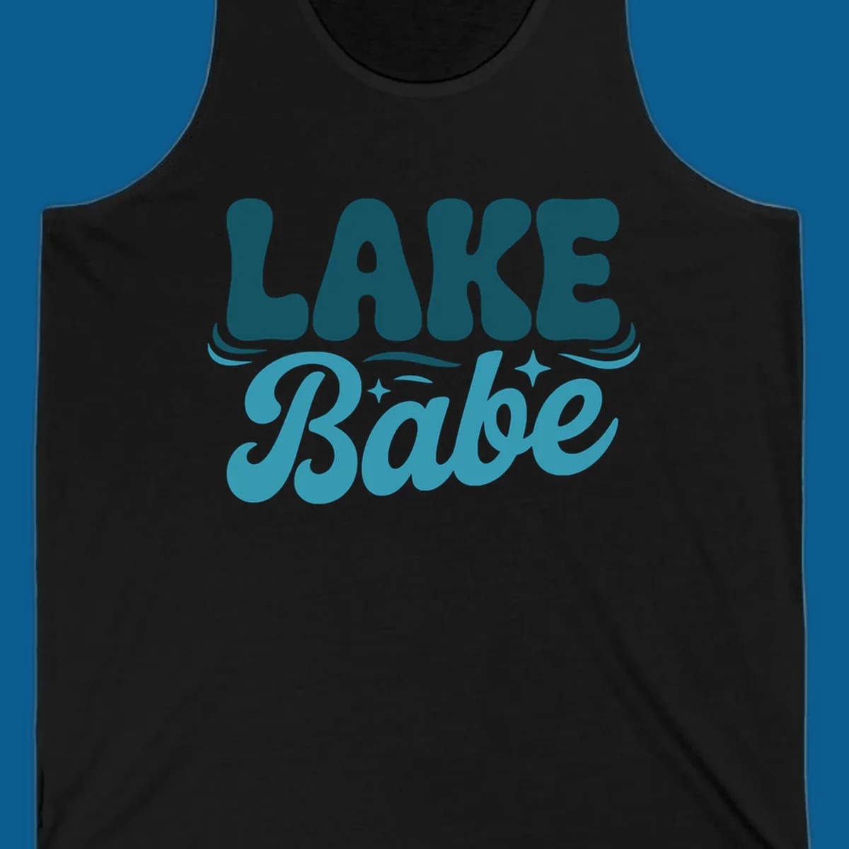 Retro LAKE Babe text design with wavy font and sparkle accents.