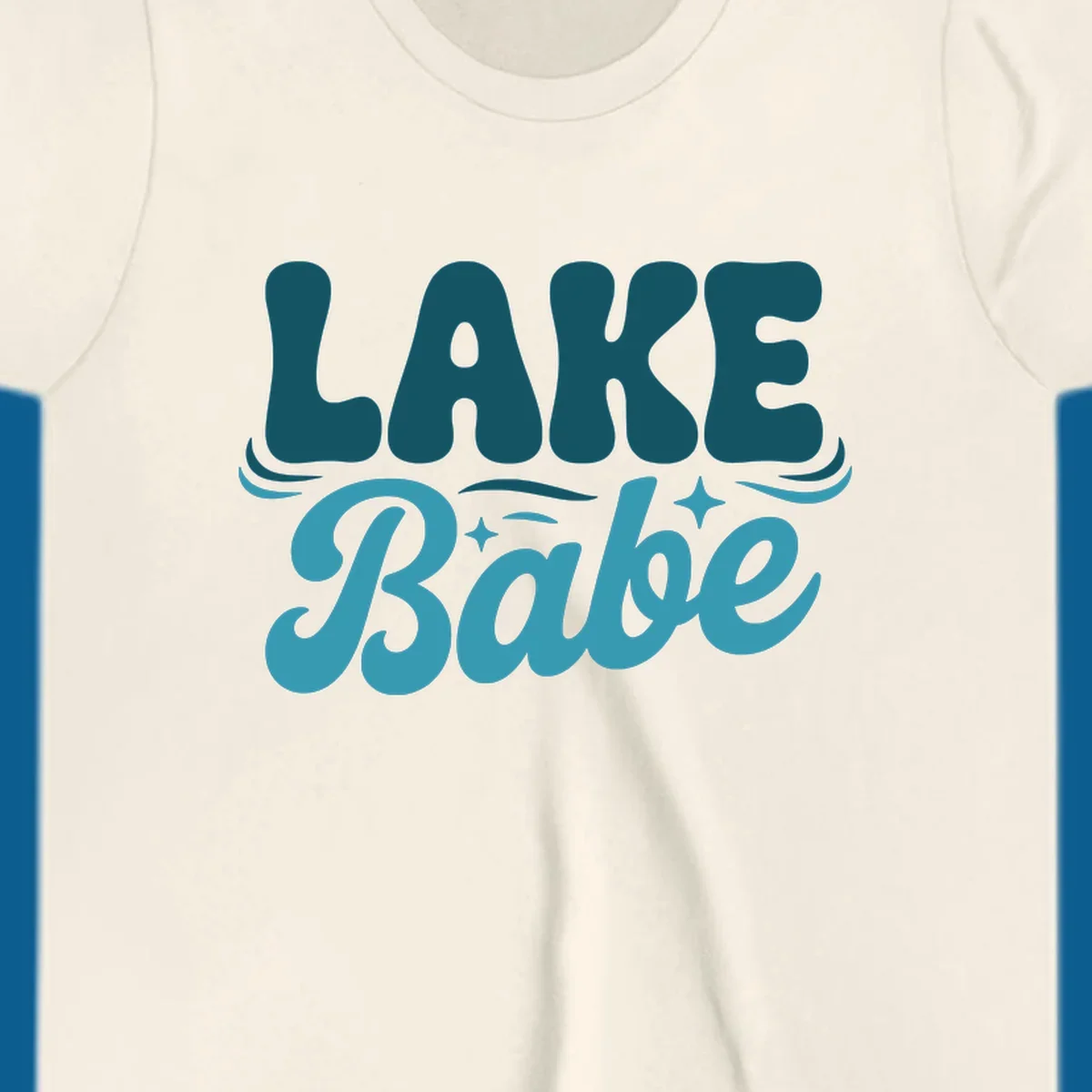 Retro LAKE Babe text design with wavy font and sparkle accents.