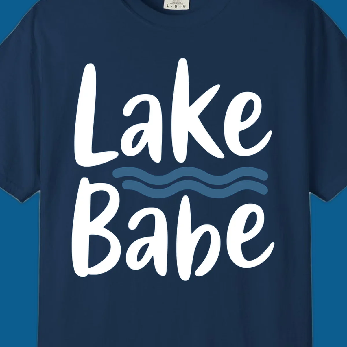 Lake Babe text with blue wavy lines, white font on dark background.