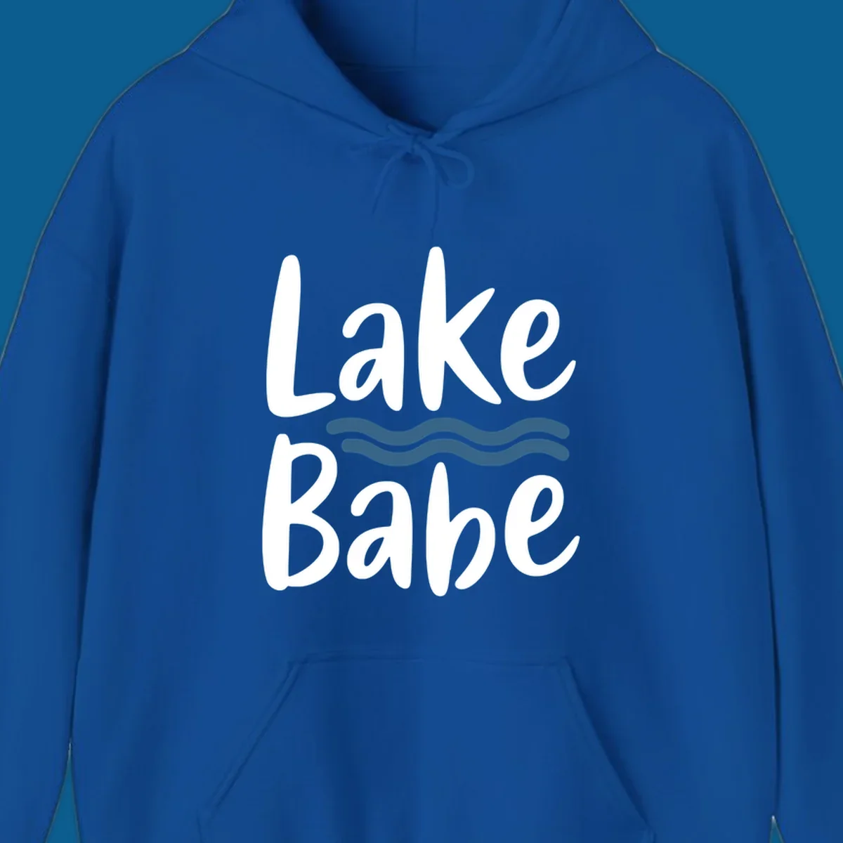 Lake Babe text with blue wavy lines, white font on dark background.