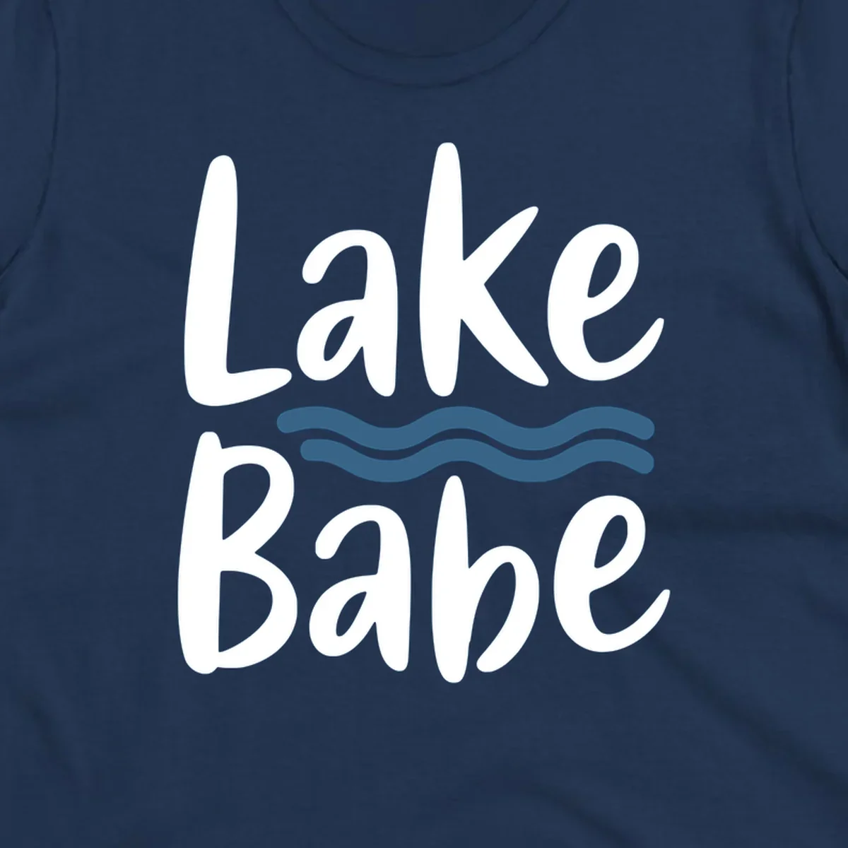Lake Babe text with blue wavy lines, white font on dark background.