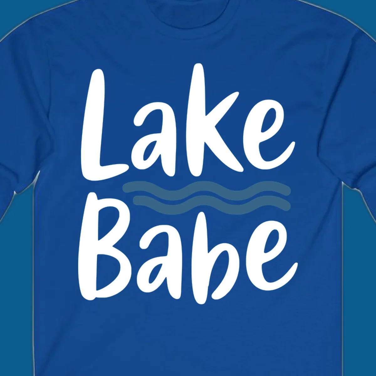 Lake Babe text with blue wavy lines, white font on dark background.