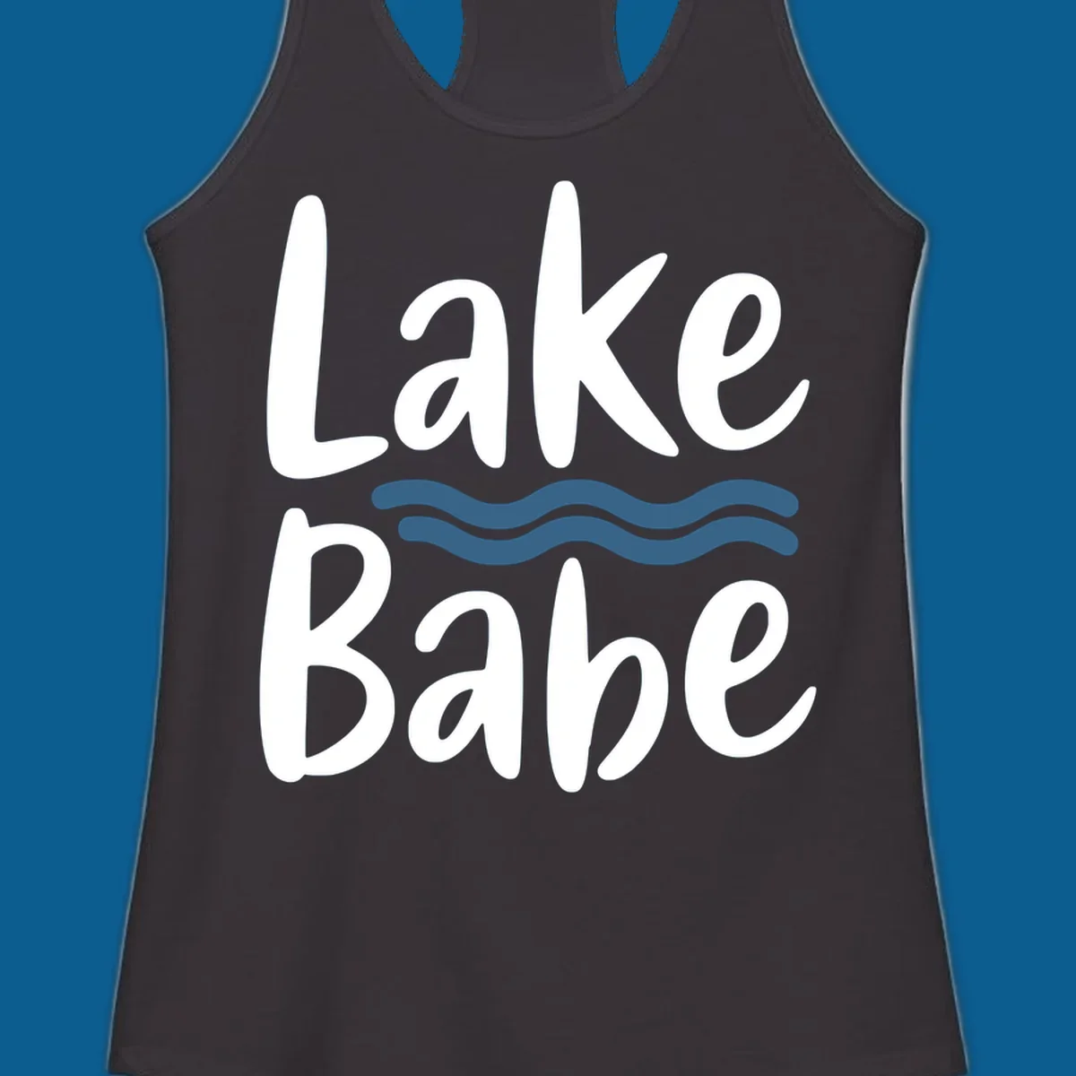 Lake Babe text with blue wavy lines, white font on dark background.