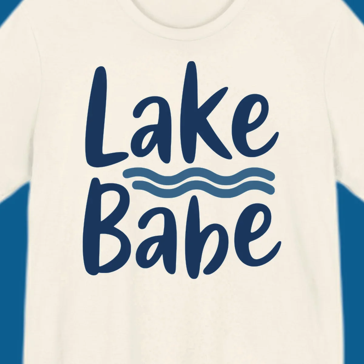 Lake Babe text with blue wavy lines, white font on dark background.