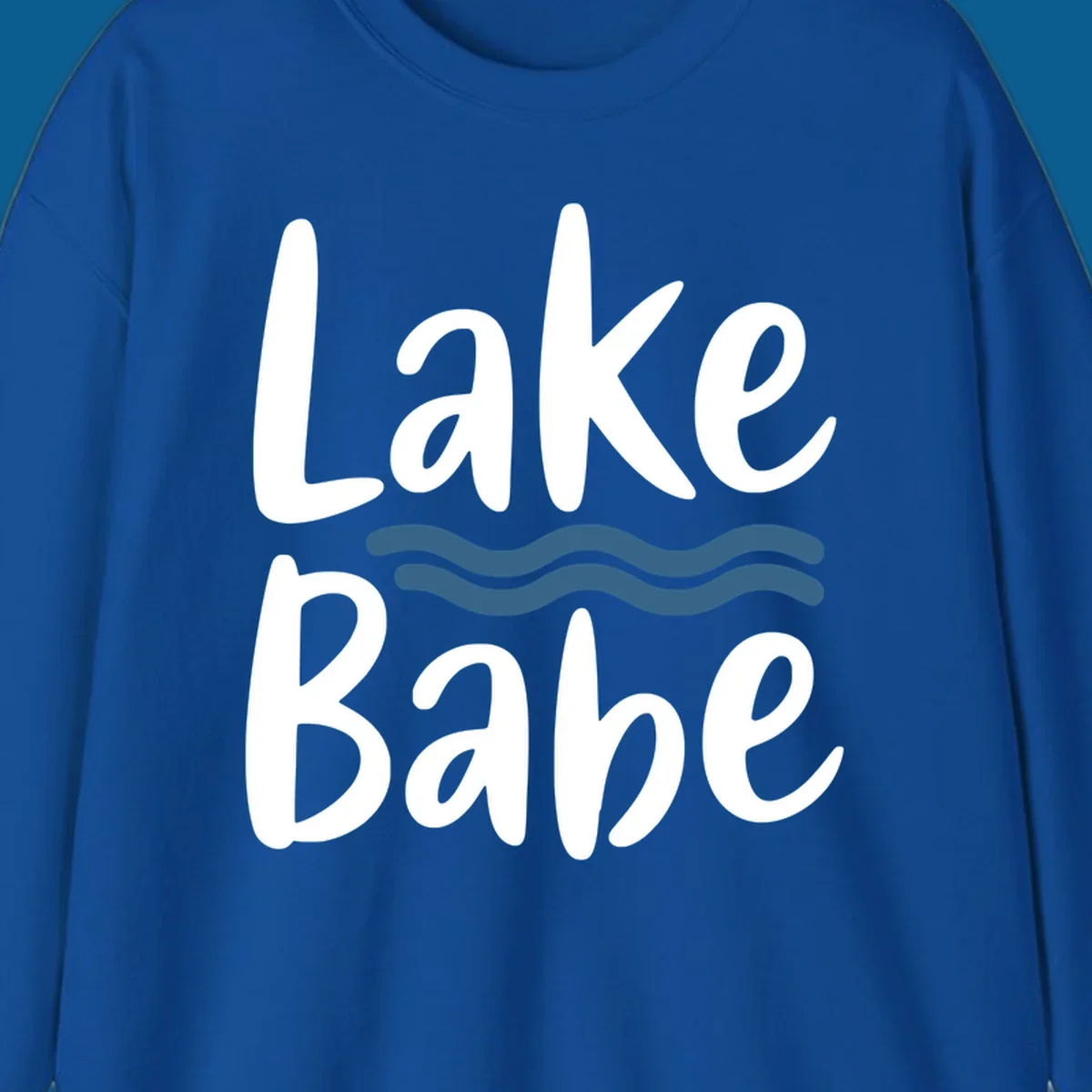 Lake Babe text with blue wavy lines, white font on dark background.