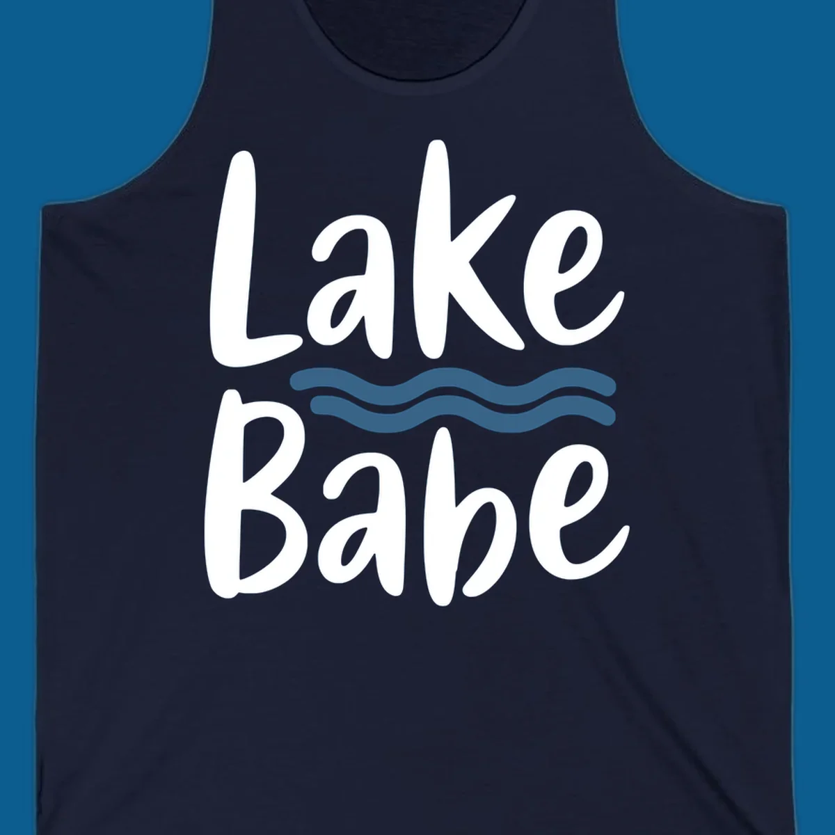 Lake Babe text with blue wavy lines, white font on dark background.