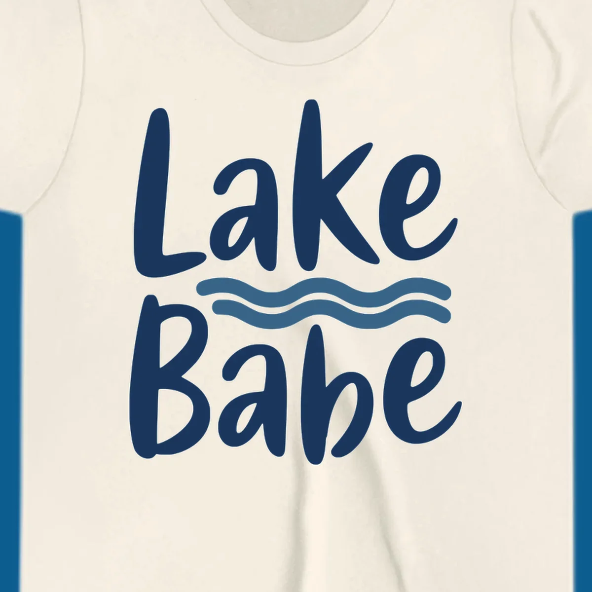 Lake Babe text with blue wavy lines, white font on dark background.