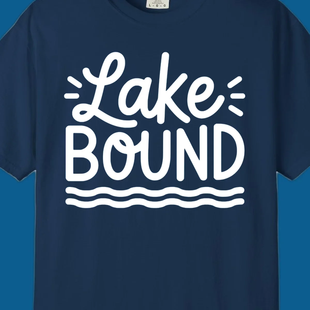 White text 'Lake BOUND' with wavy lines below, on a black background. Lake-bound travel design.