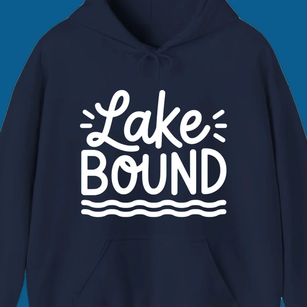 White text 'Lake BOUND' with wavy lines below, on a black background. Lake-bound travel design.