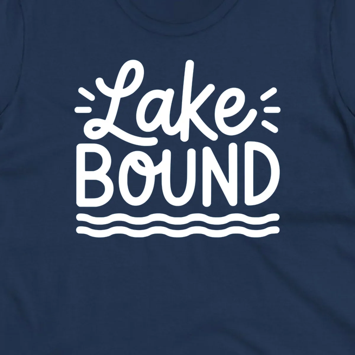 White text 'Lake BOUND' with wavy lines below, on a black background. Lake-bound travel design.