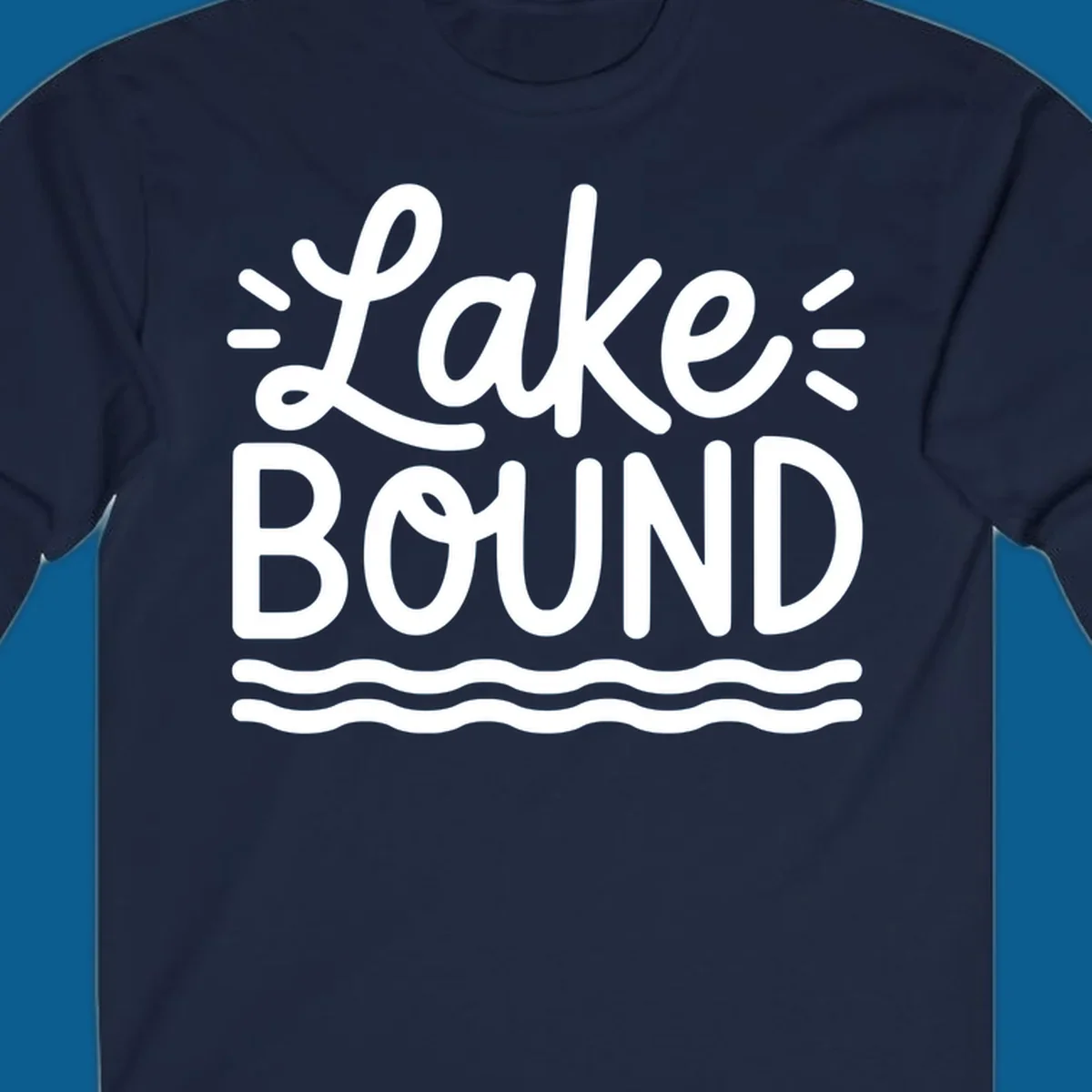 White text 'Lake BOUND' with wavy lines below, on a black background. Lake-bound travel design.