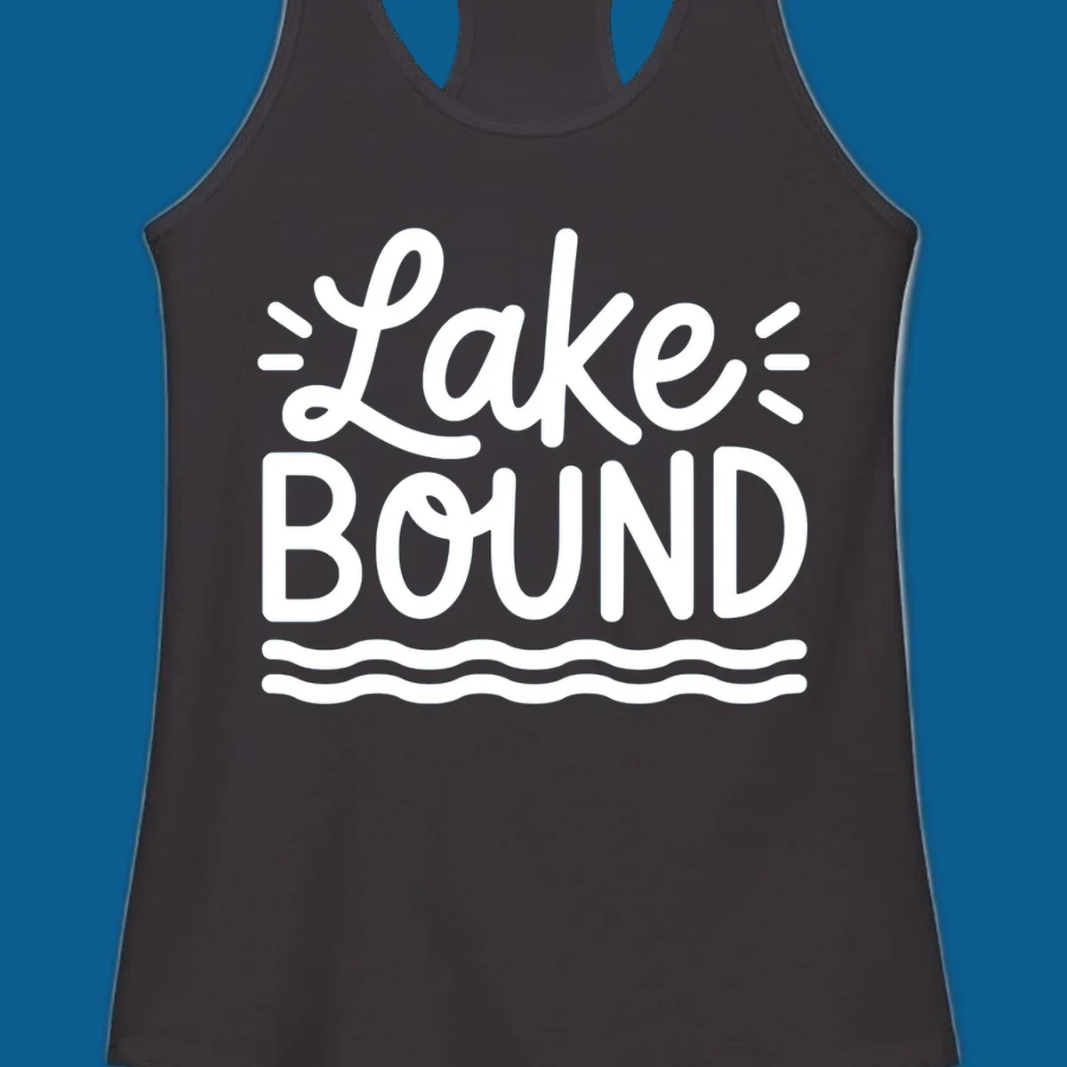White text 'Lake BOUND' with wavy lines below, on a black background. Lake-bound travel design.