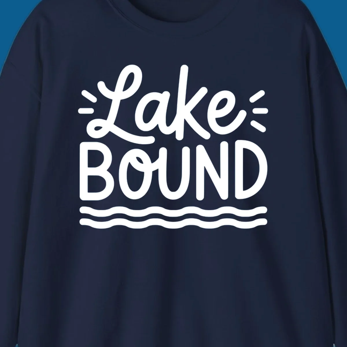White text 'Lake BOUND' with wavy lines below, on a black background. Lake-bound travel design.