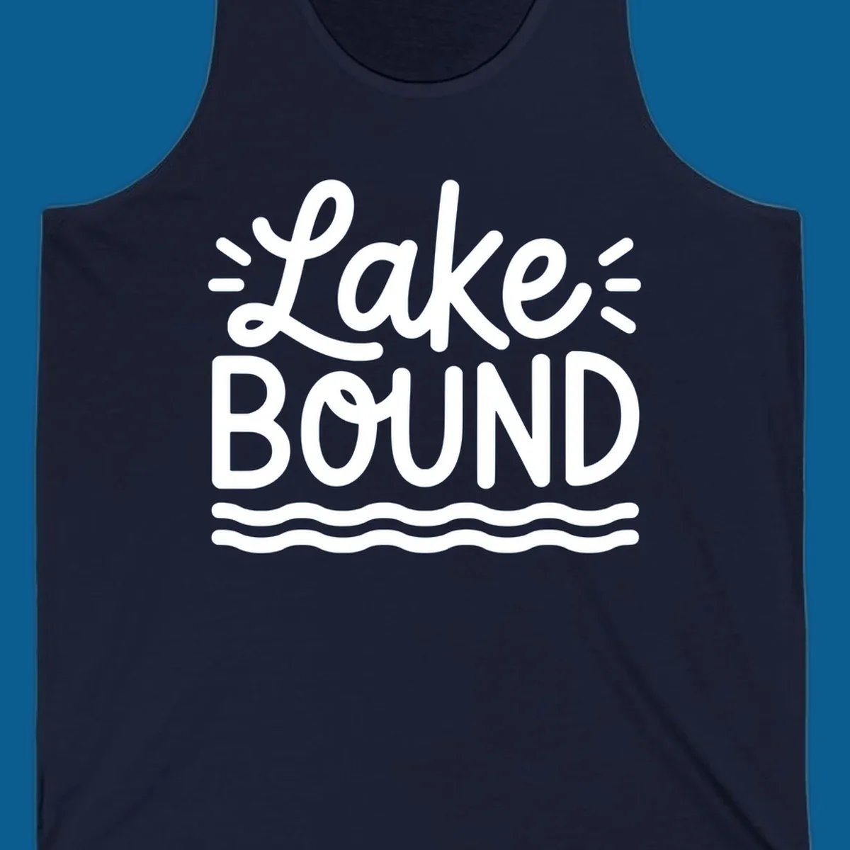 White text 'Lake BOUND' with wavy lines below, on a black background. Lake-bound travel design.
