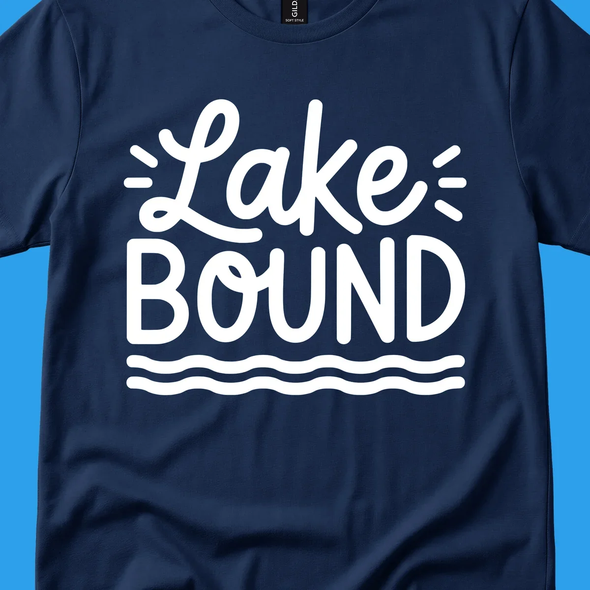 White text 'Lake BOUND' with wavy lines below, on a black background. Lake-bound travel design.