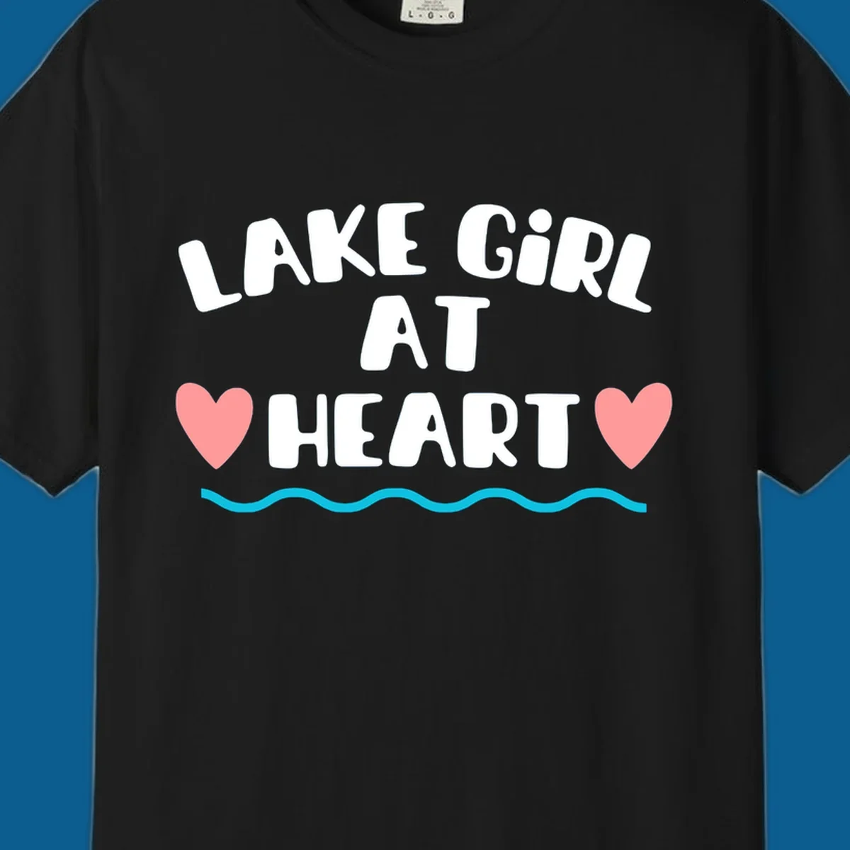 Lake girl at heart text with hearts and water graphic