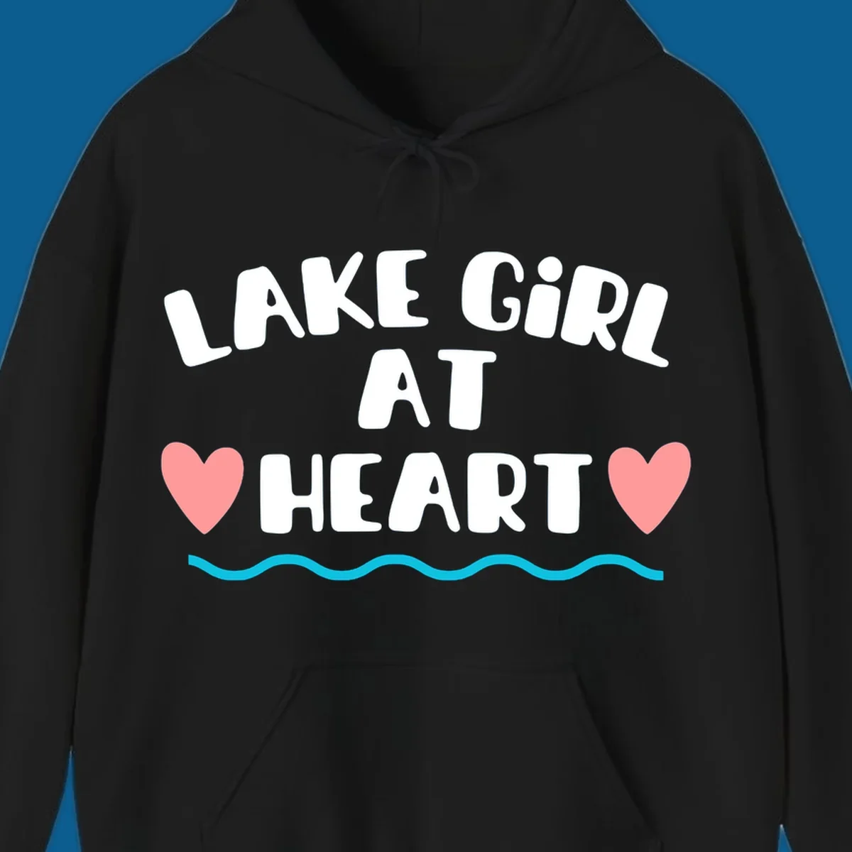 Lake girl at heart text with hearts and water graphic