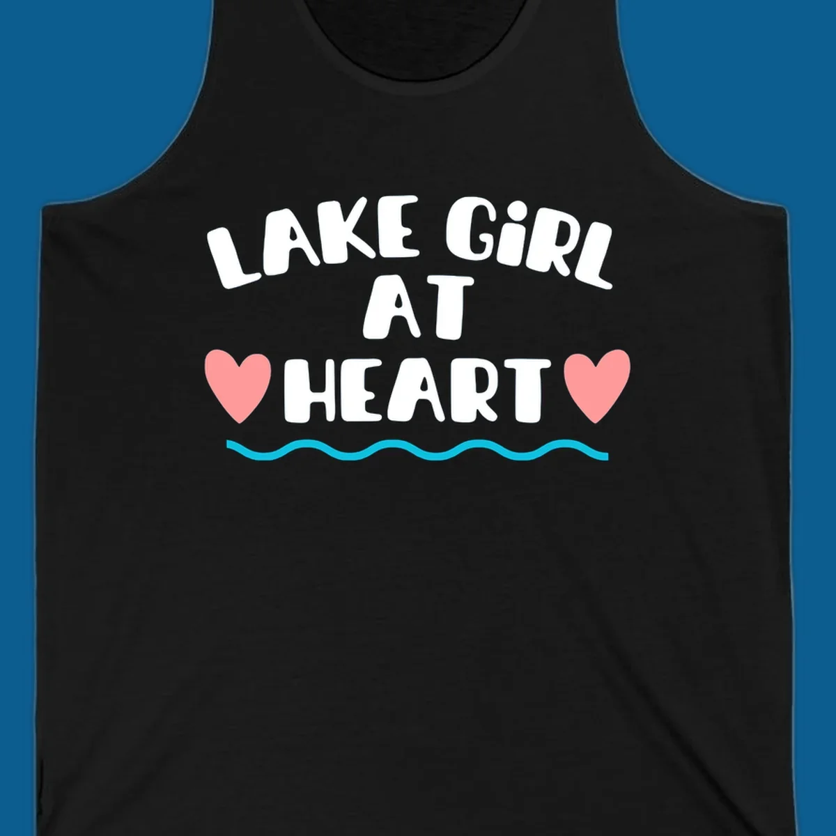 Lake girl at heart text with hearts and water graphic