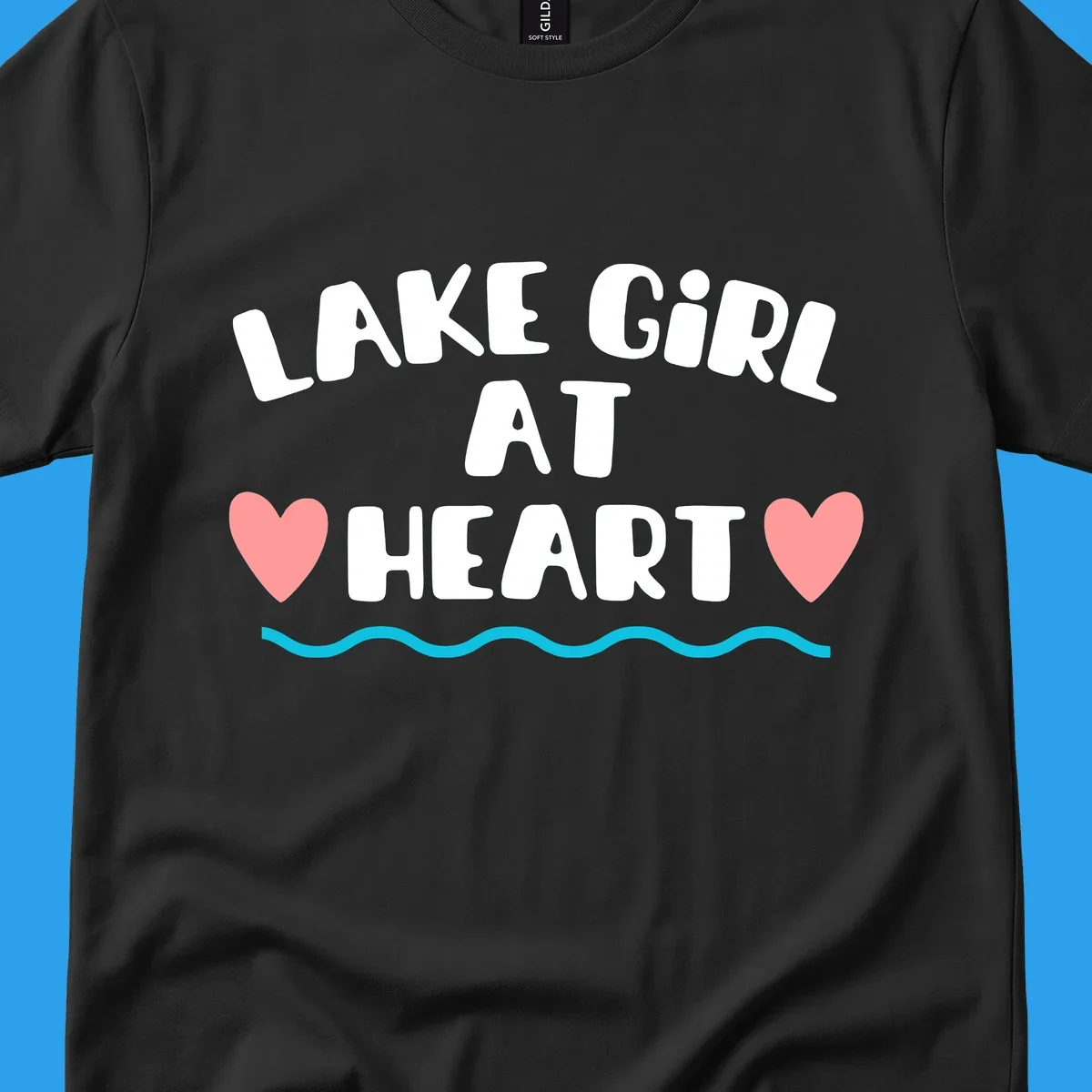 Lake girl at heart text with hearts and water graphic