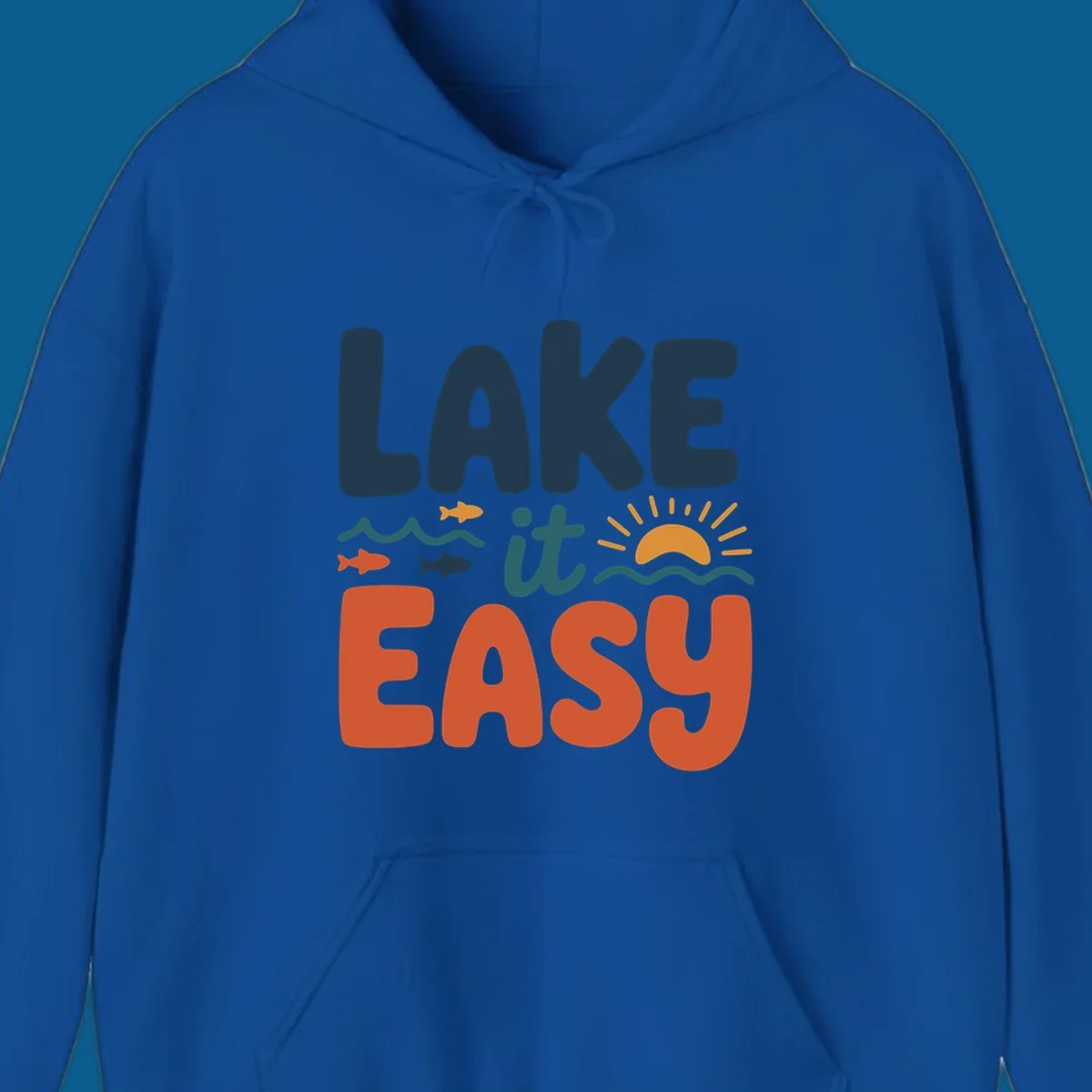 Lake it Easy text with waves, fish, and sun graphic. lake life.
