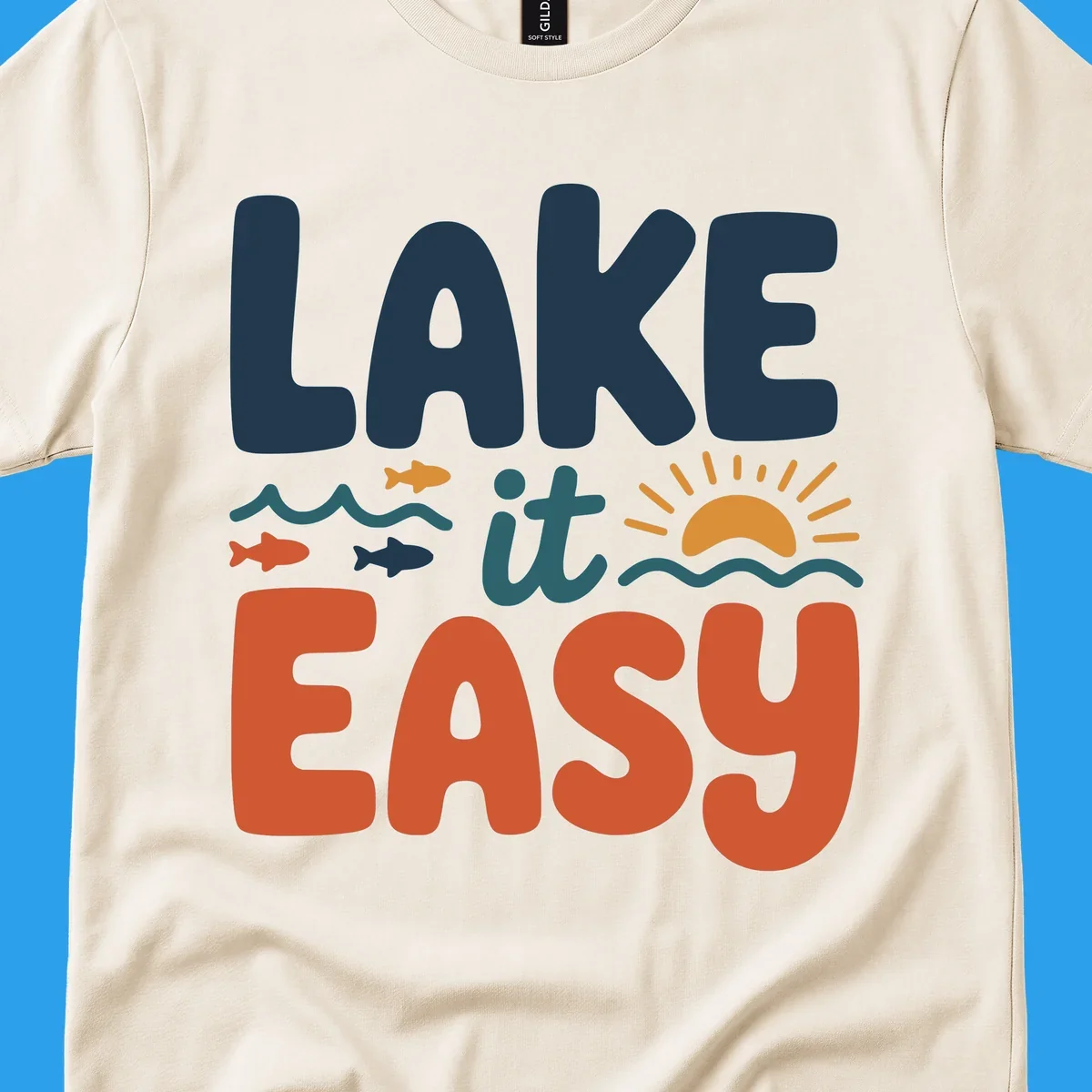 Lake it Easy text with waves, fish, and sun graphic. lake life.