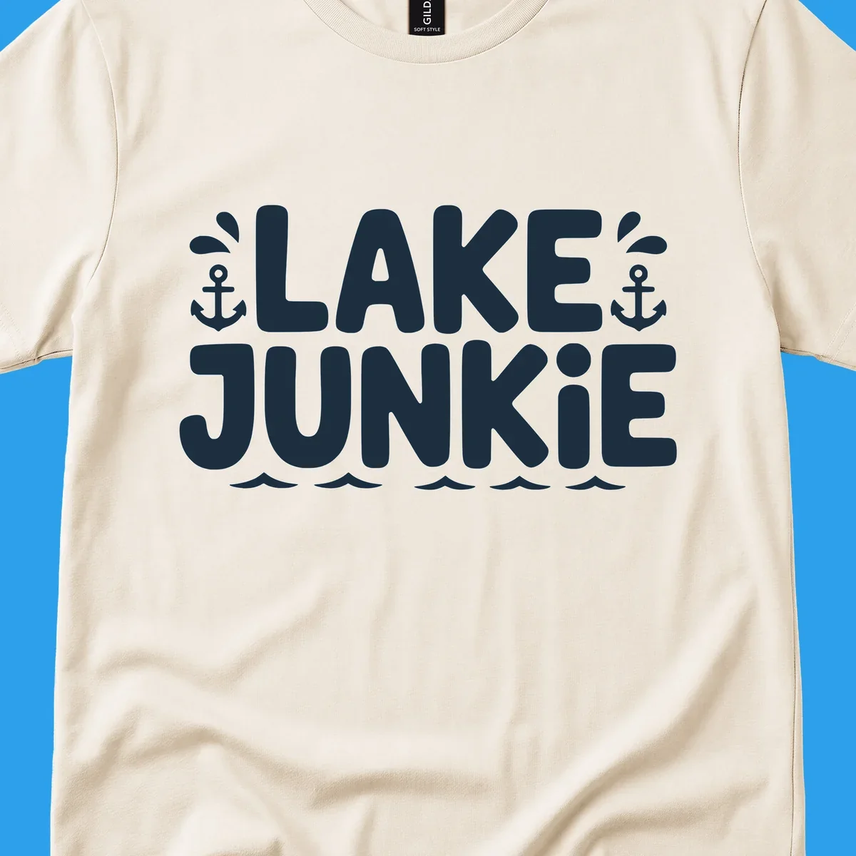 Lake Junkie typography design with anchors and waves, representing lake-junkie-lifestyle.