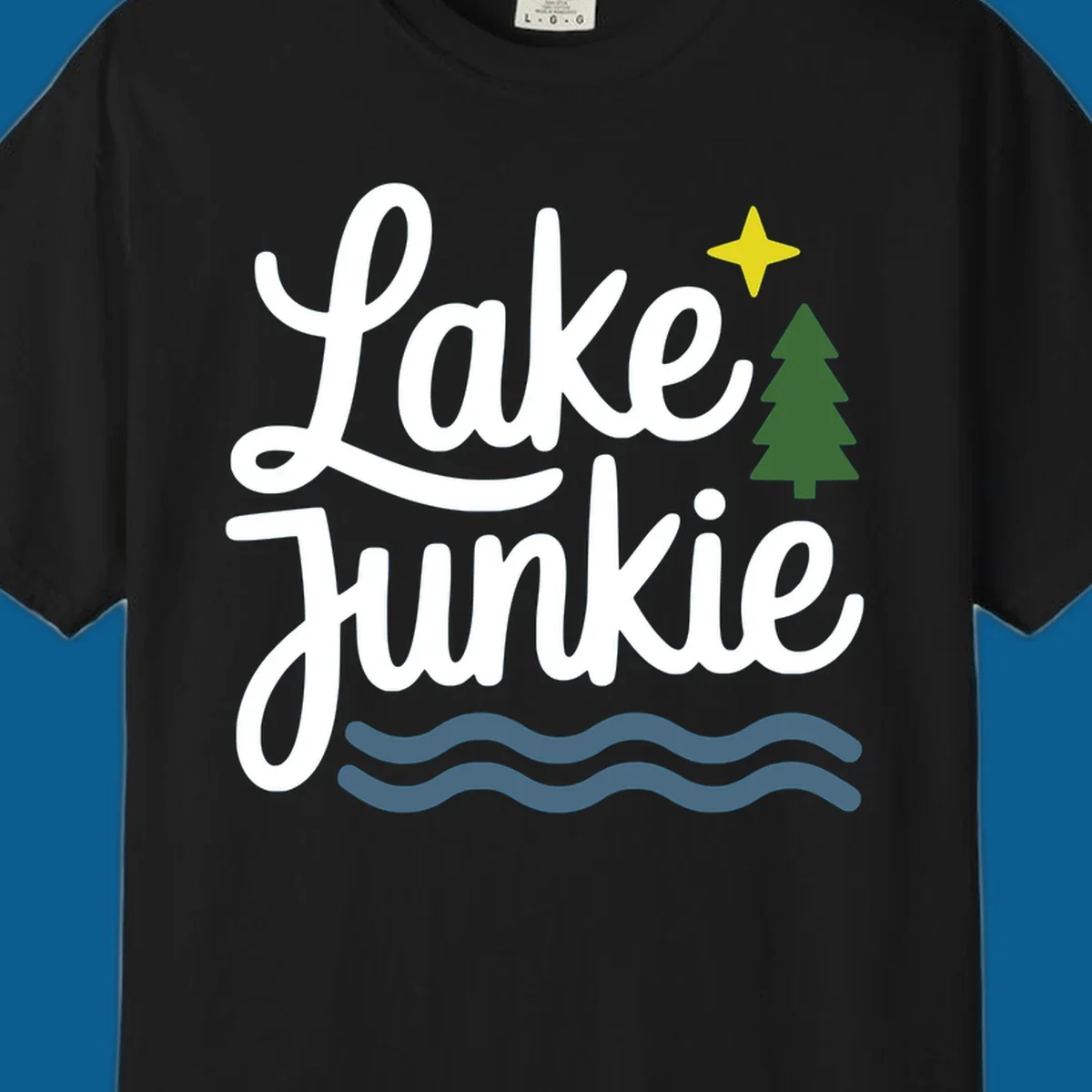 Lake Junkie lifestyle design with text, pine tree, star, and water waves.