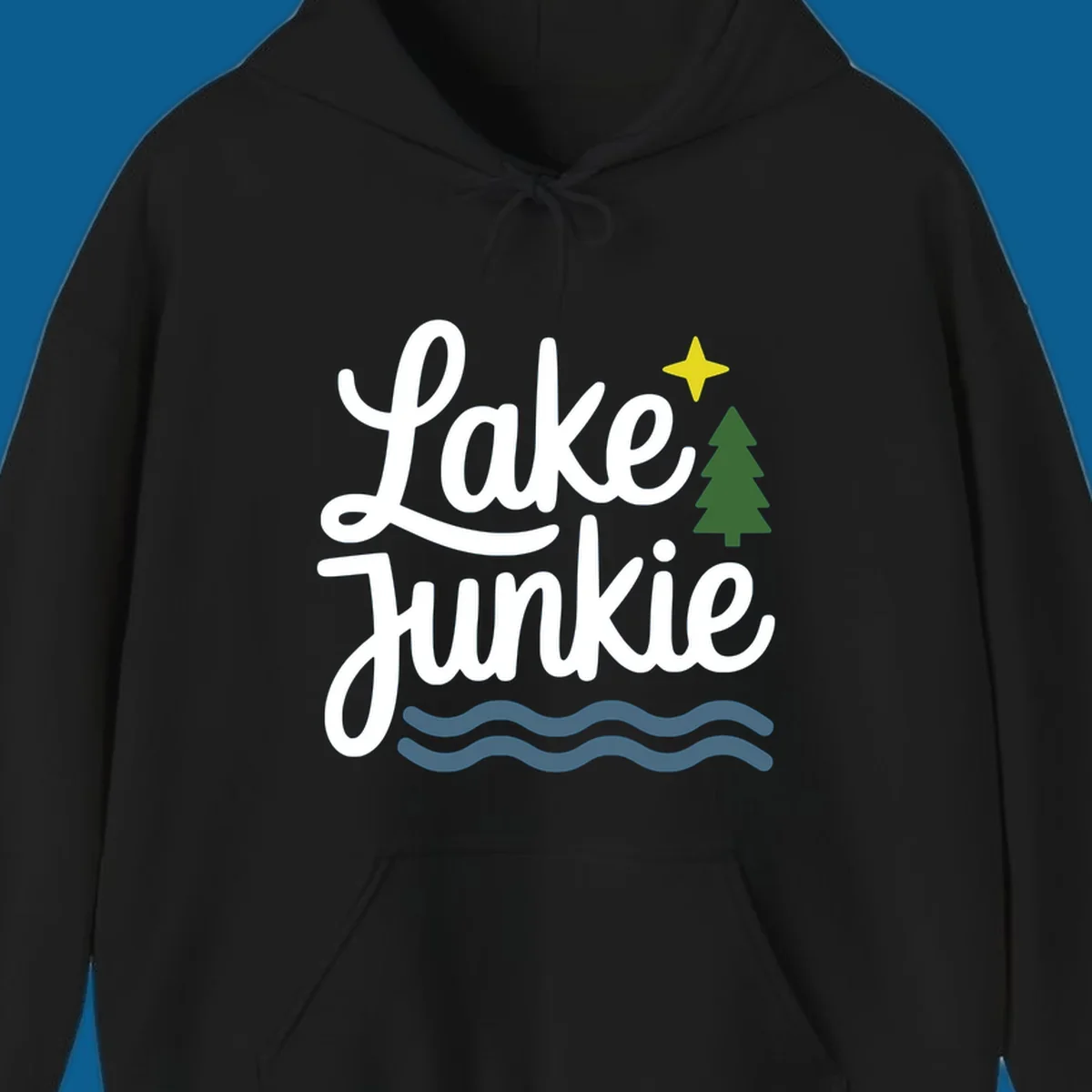 Lake Junkie lifestyle design with text, pine tree, star, and water waves.