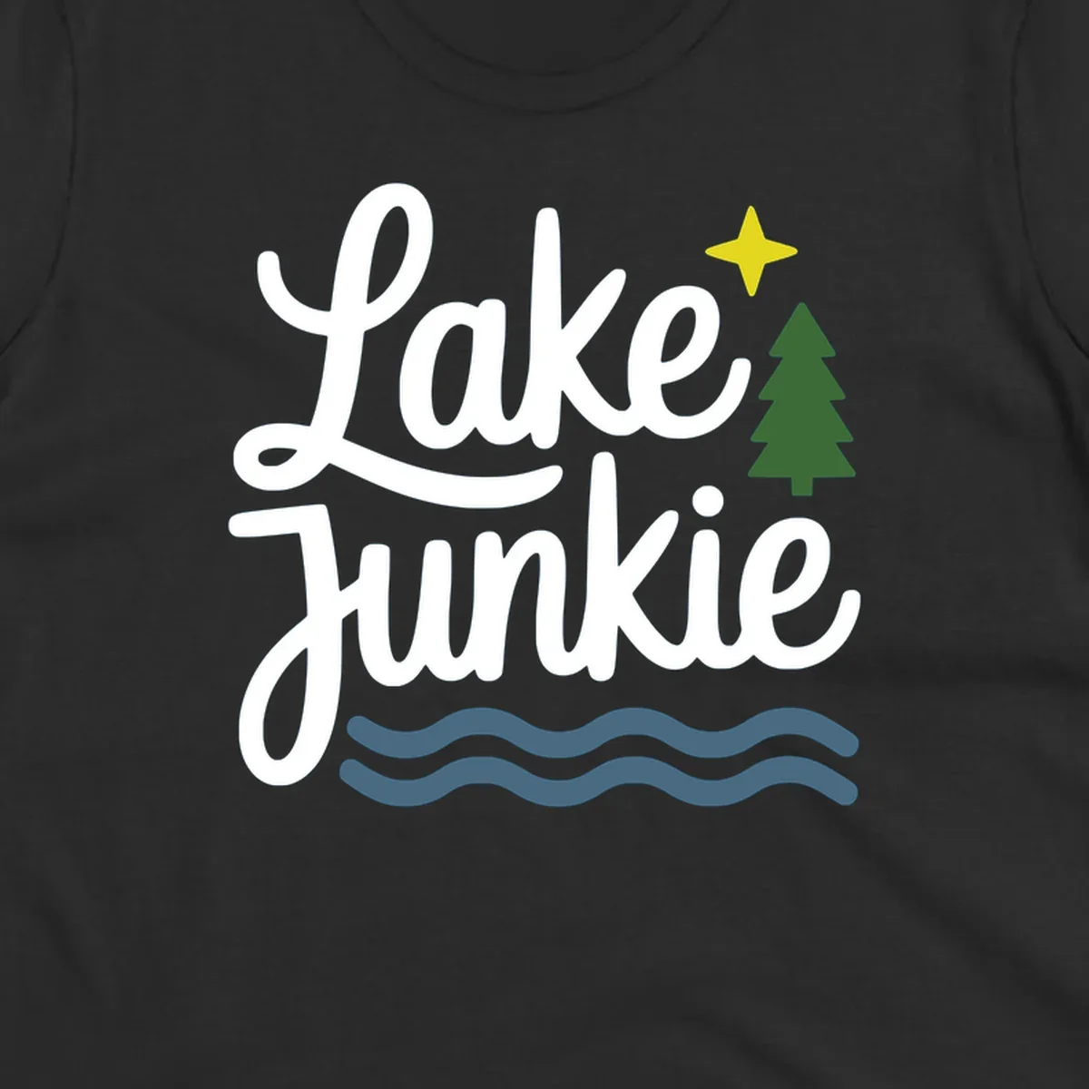 Lake Junkie lifestyle design with text, pine tree, star, and water waves.