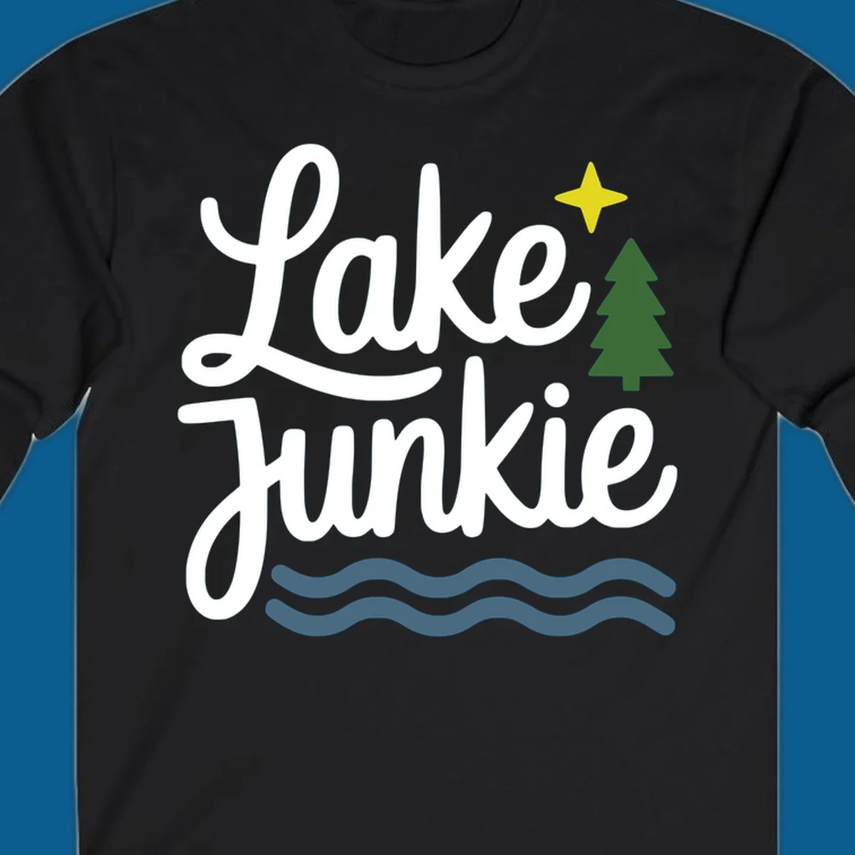 Lake Junkie lifestyle design with text, pine tree, star, and water waves.