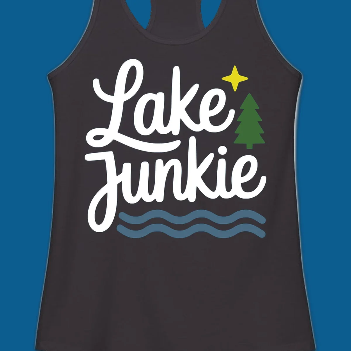 Lake Junkie lifestyle design with text, pine tree, star, and water waves.