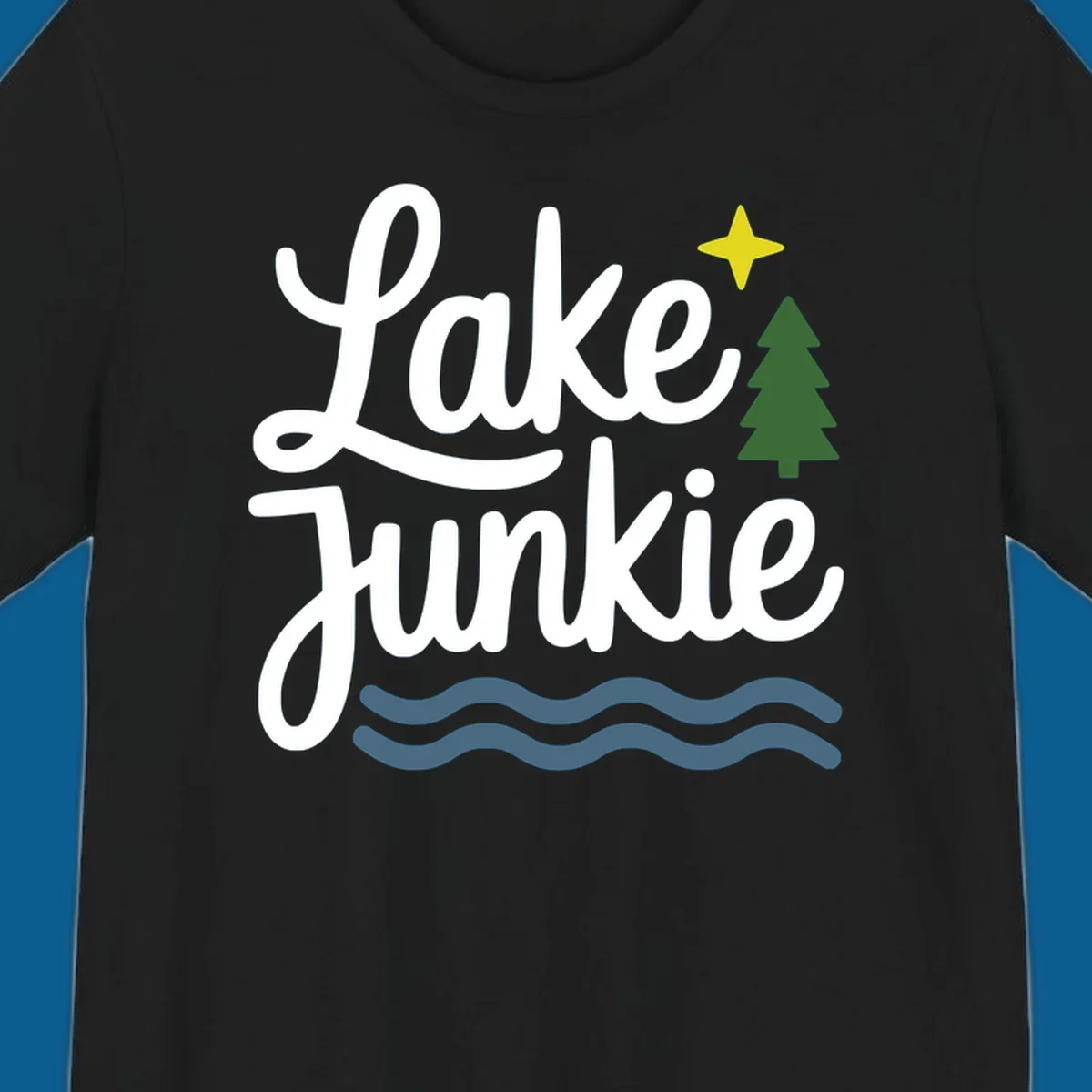 Lake Junkie lifestyle design with text, pine tree, star, and water waves.
