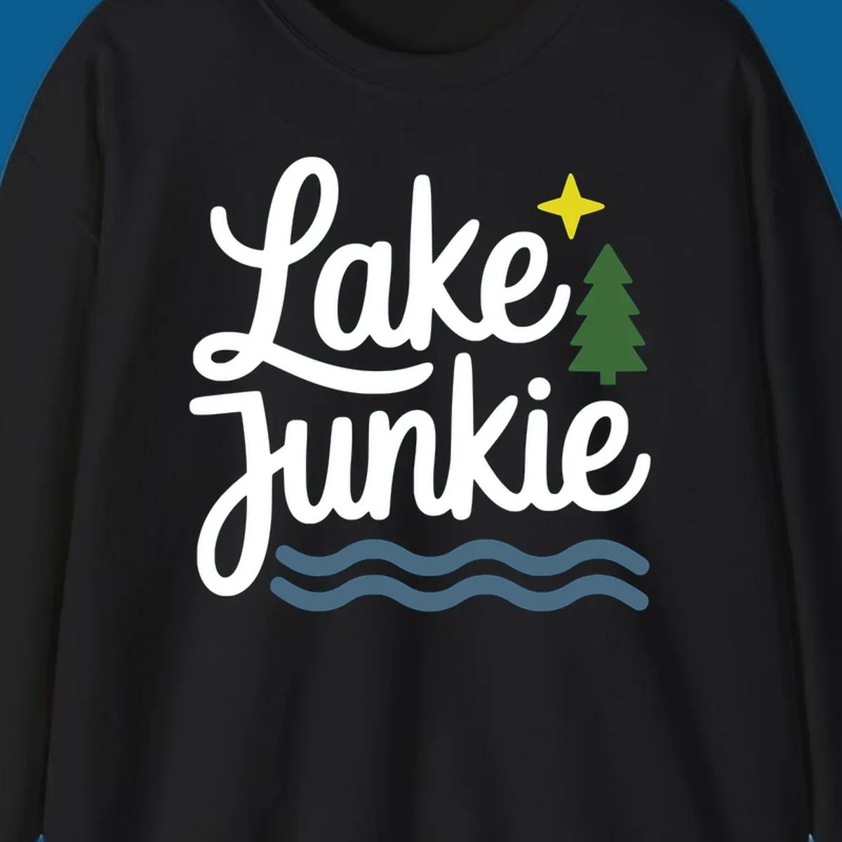 Lake Junkie lifestyle design with text, pine tree, star, and water waves.