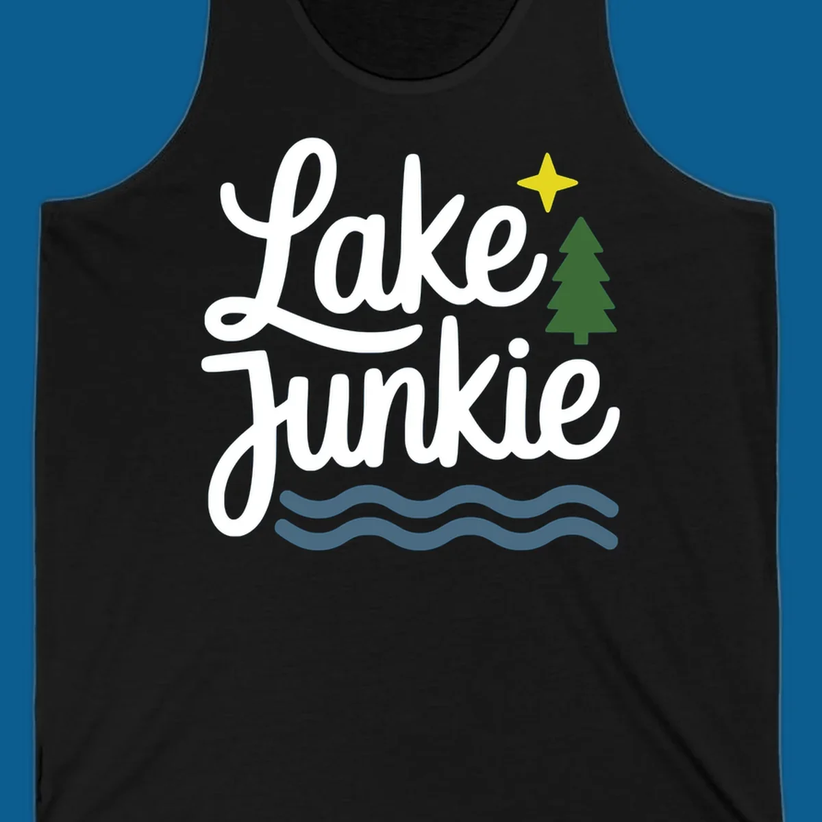 Lake Junkie lifestyle design with text, pine tree, star, and water waves.