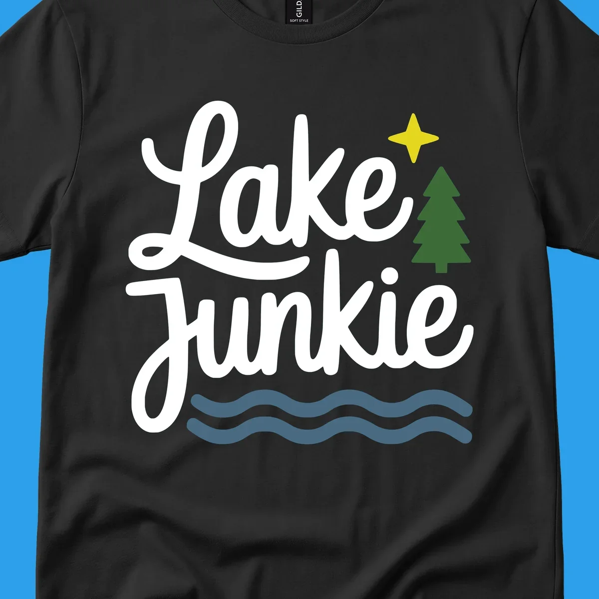 Lake Junkie lifestyle design with text, pine tree, star, and water waves.