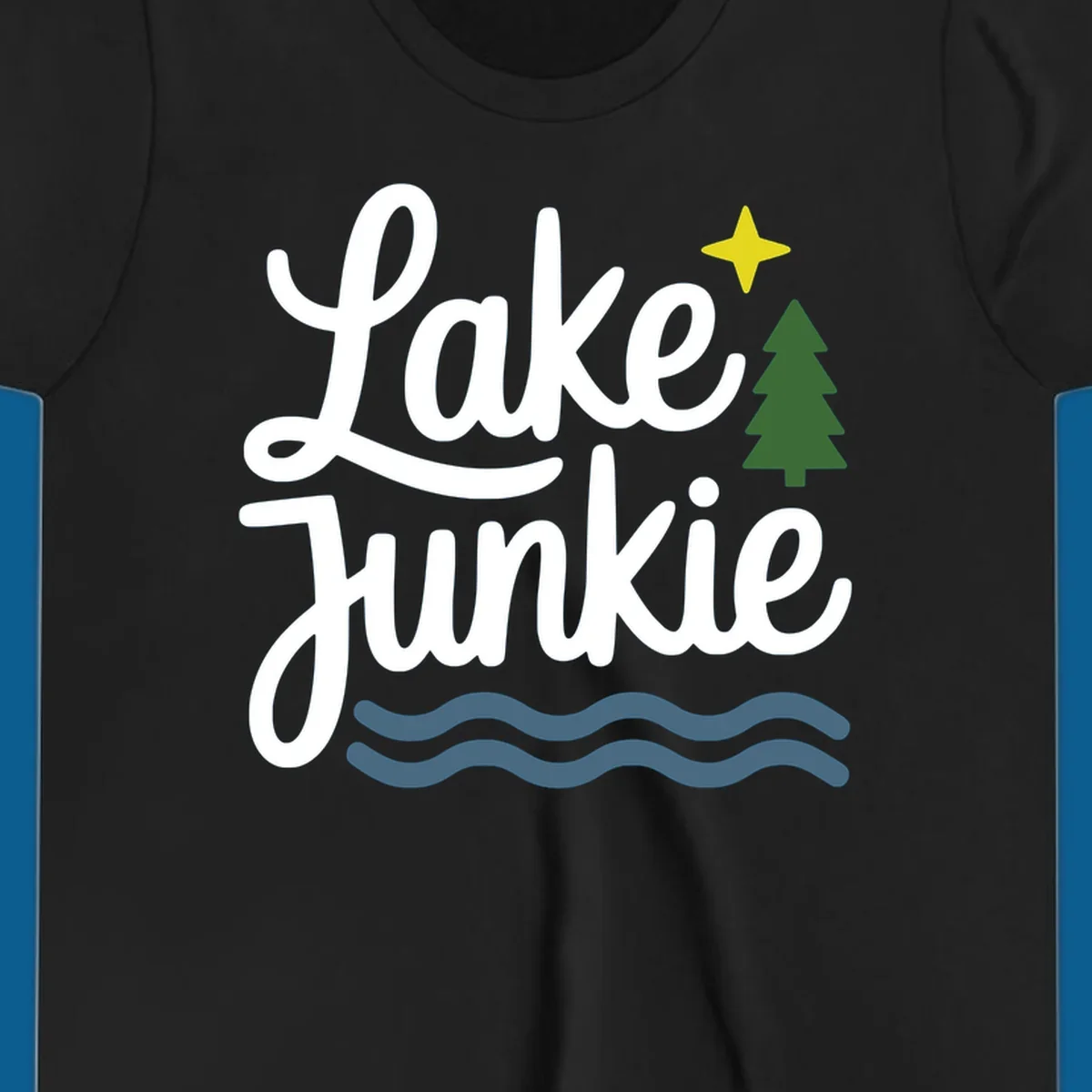 Lake Junkie lifestyle design with text, pine tree, star, and water waves.