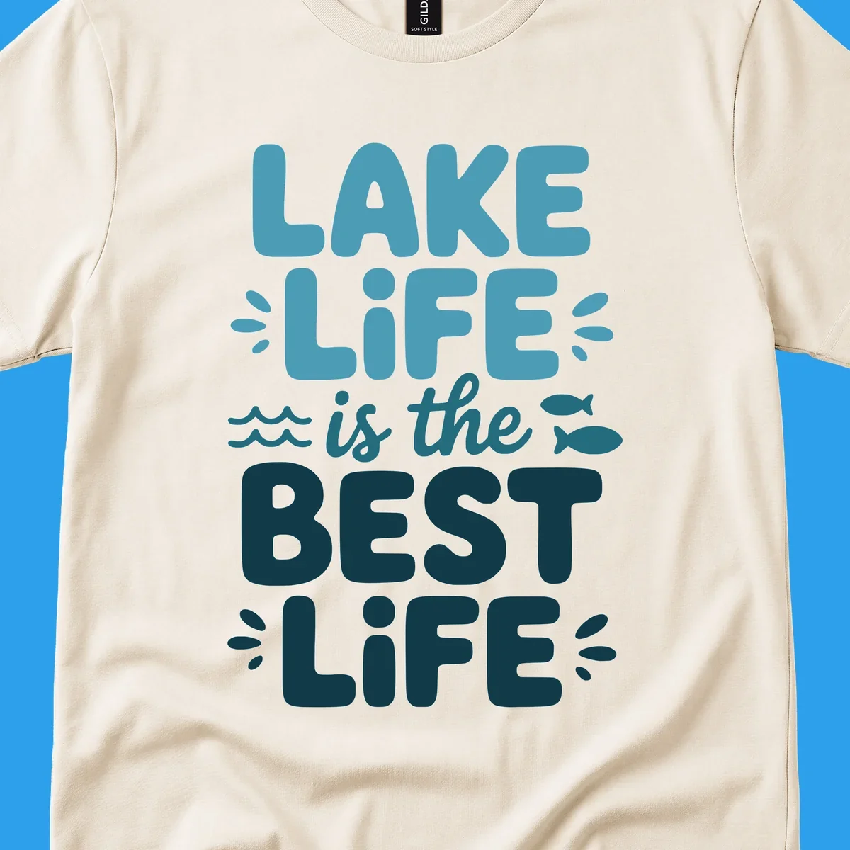 Lake life is the best life typography design with waves and fish.