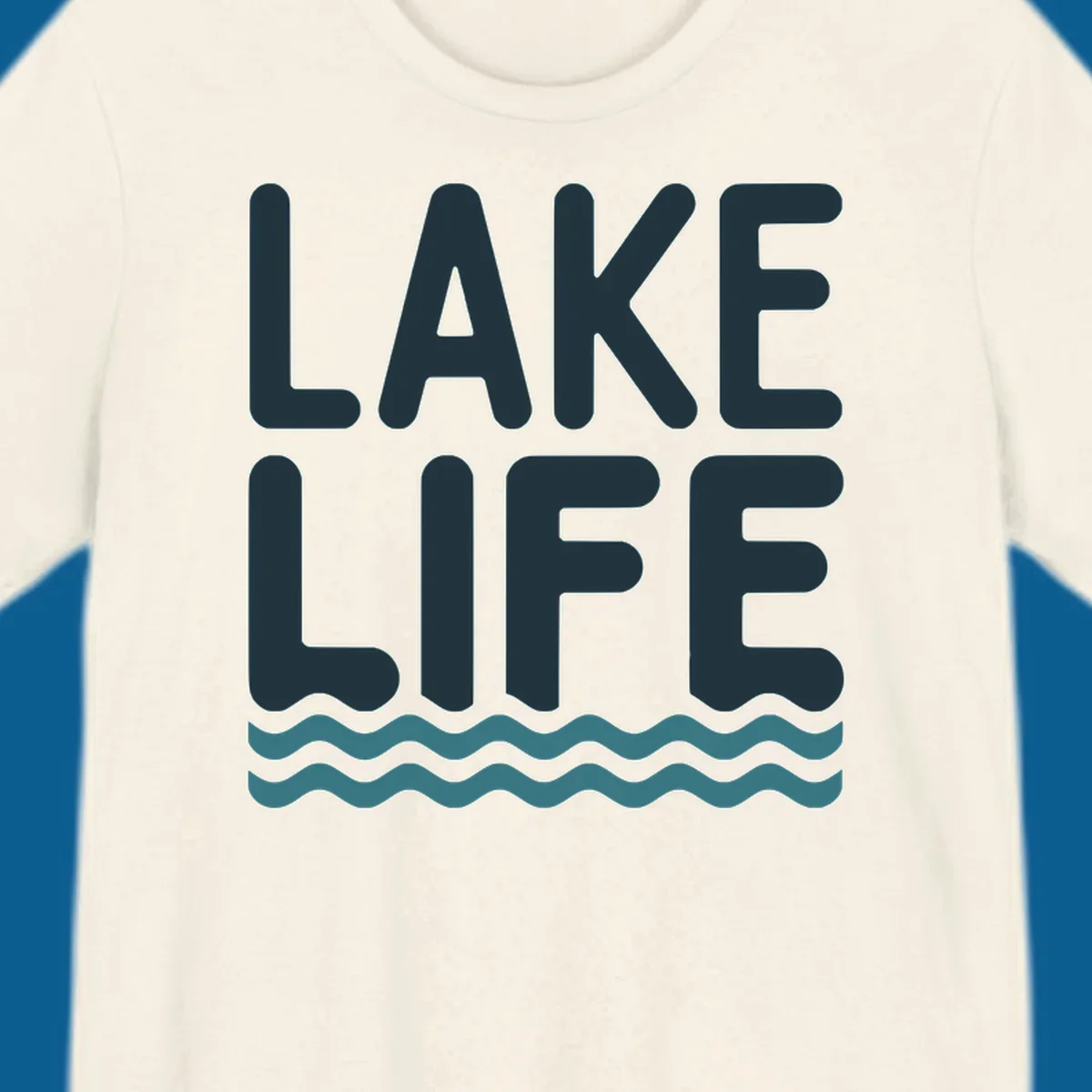 Lake life typography with waves graphic, dark blue and teal colors.