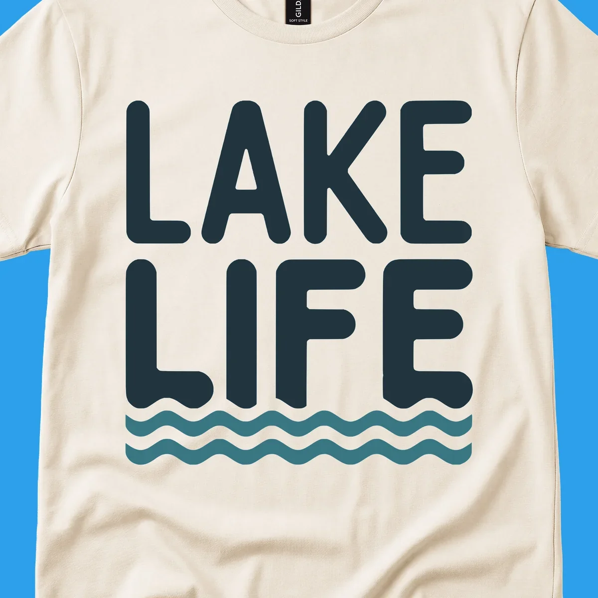 Lake life typography with waves graphic, dark blue and teal colors.