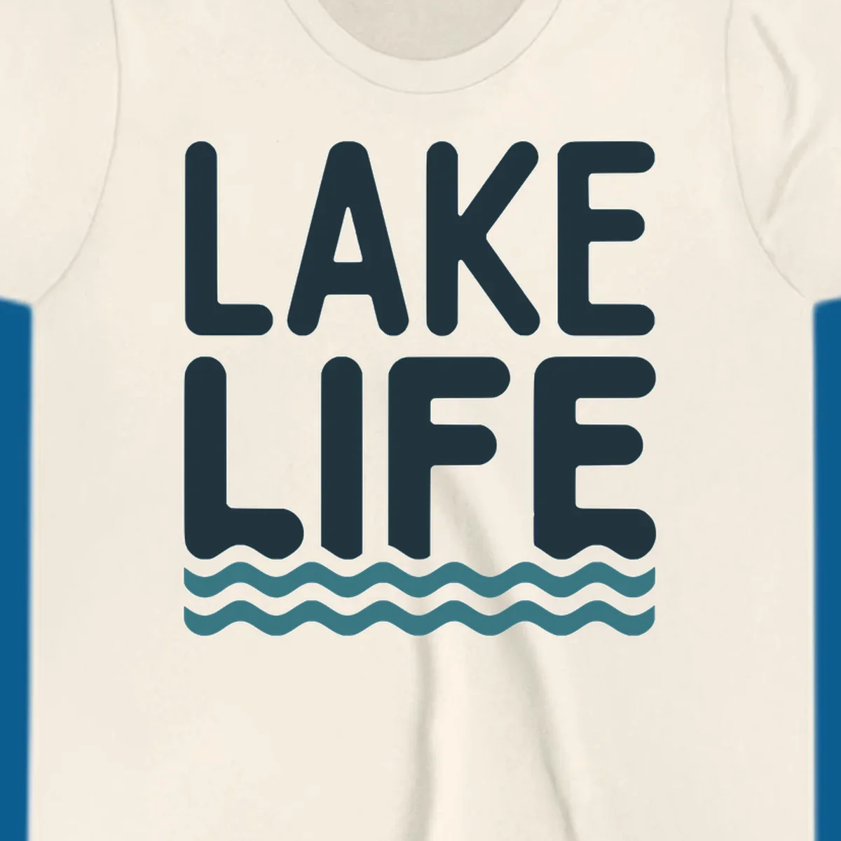 Lake life typography with waves graphic, dark blue and teal colors.