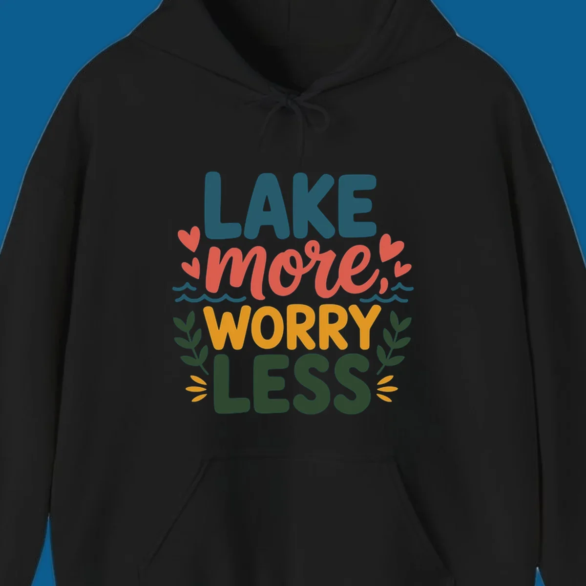 Lake life sentiment design with text LAKE more WORRY LESS, hearts, and nature elements.