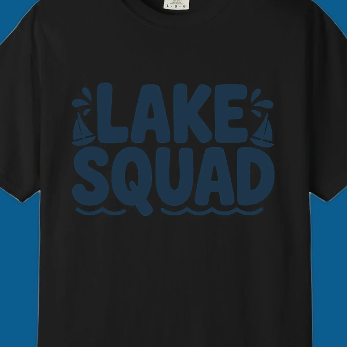 Navy blue text "LAKE SQUAD" with sailboats and waves, representing lake squad graphic.