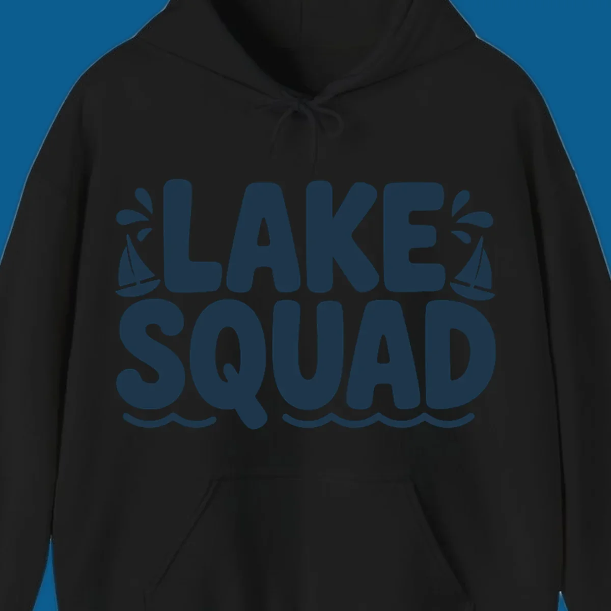Navy blue text "LAKE SQUAD" with sailboats and waves, representing lake squad graphic.