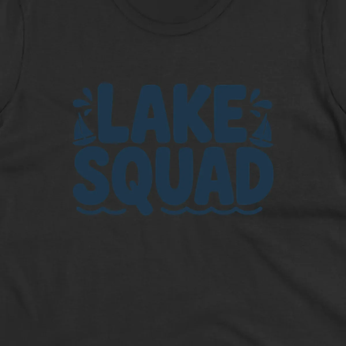 Navy blue text "LAKE SQUAD" with sailboats and waves, representing lake squad graphic.