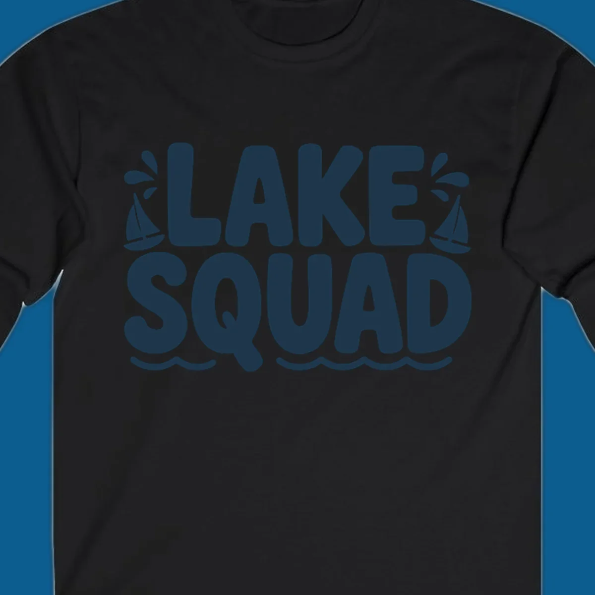 Navy blue text "LAKE SQUAD" with sailboats and waves, representing lake squad graphic.