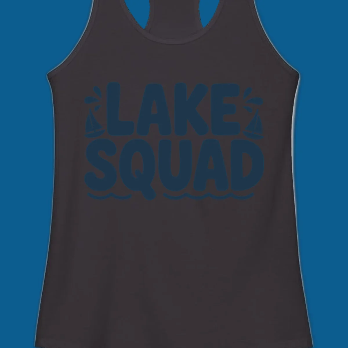 Navy blue text "LAKE SQUAD" with sailboats and waves, representing lake squad graphic.
