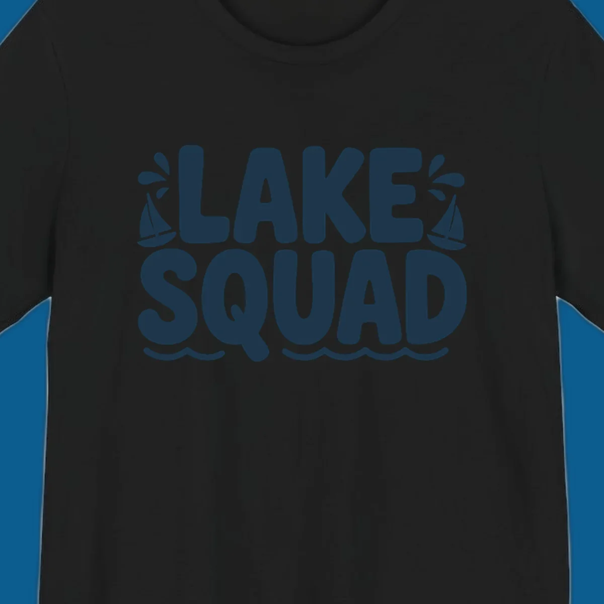 Navy blue text "LAKE SQUAD" with sailboats and waves, representing lake squad graphic.