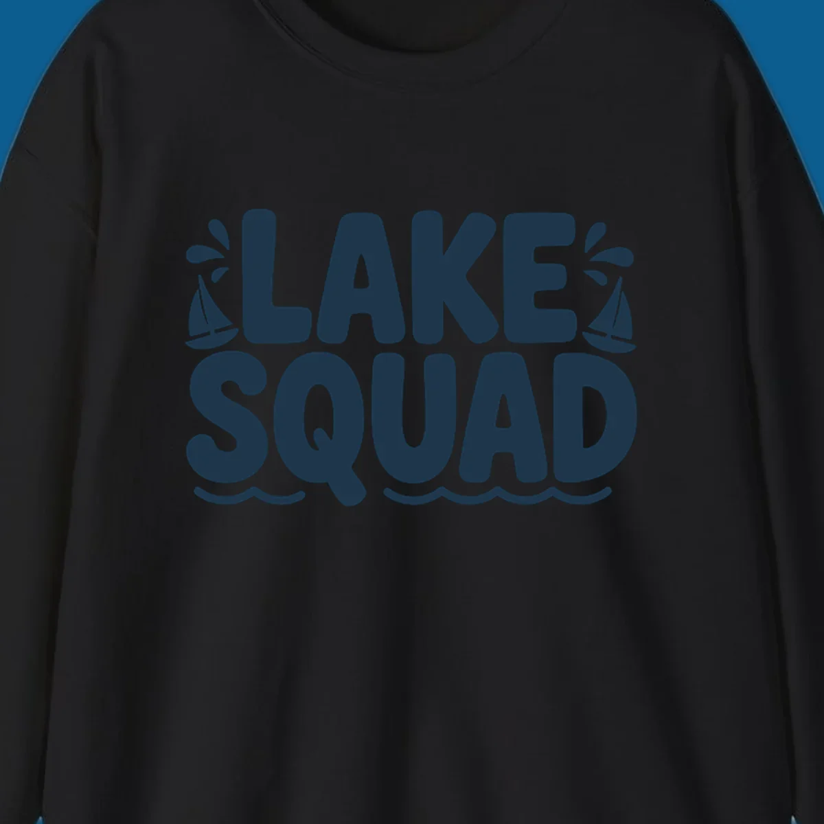 Navy blue text "LAKE SQUAD" with sailboats and waves, representing lake squad graphic.