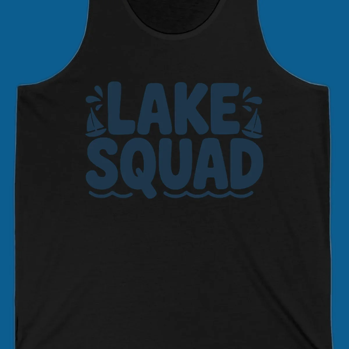 Navy blue text "LAKE SQUAD" with sailboats and waves, representing lake squad graphic.