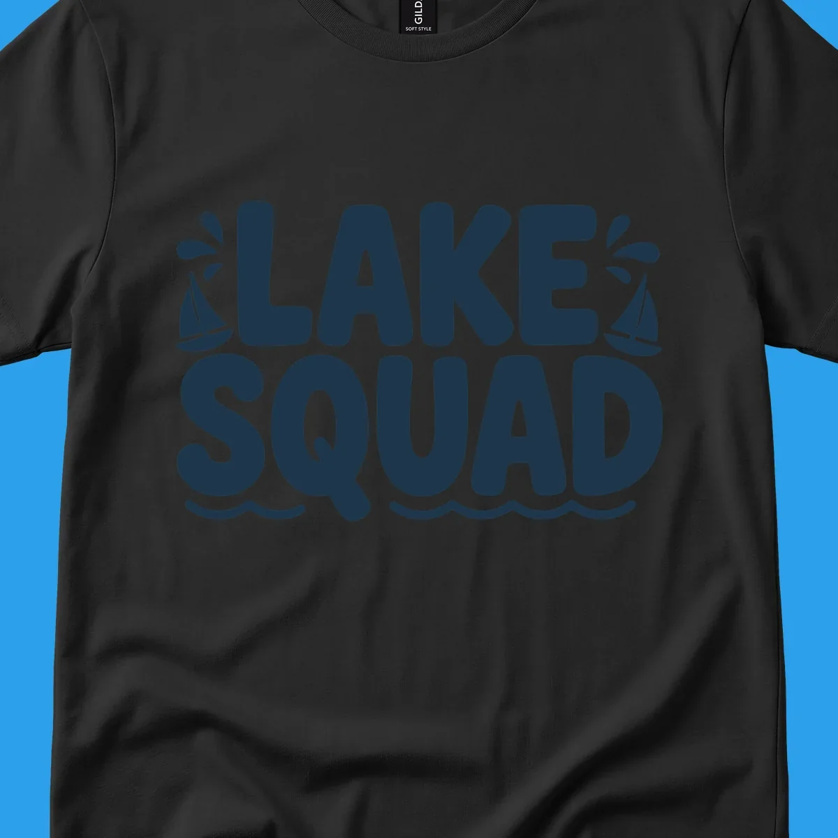 Navy blue text "LAKE SQUAD" with sailboats and waves, representing lake squad graphic.